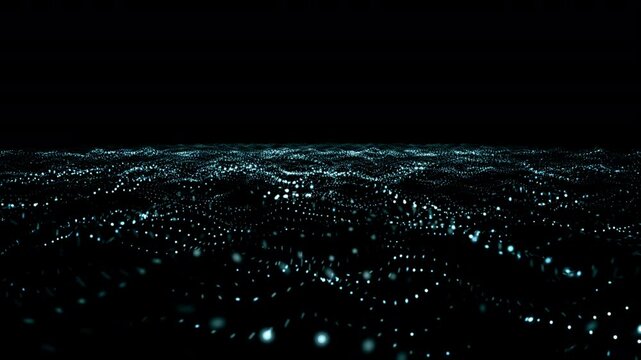 Futuristic blue trapcode wave form. 4k Abstract green motion background. data transfer particle effect. a sea of glowing neon particles pulse across the screen. Data cloud effect.