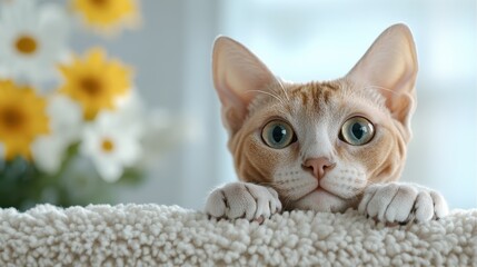 An adorable cat with striking eyes peeks over a fluffy surface, creating a heartwarming moment that evokes curiosity and affection in a homey ambiance.