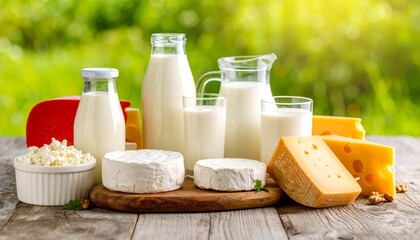 dairy products on wooden background