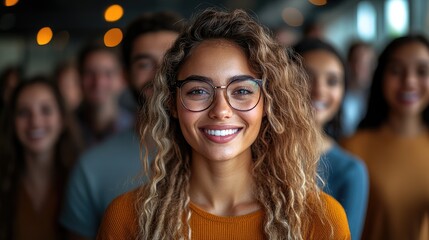 Fototapeta premium Diverse group of happy people, woman smiling in front, office setting