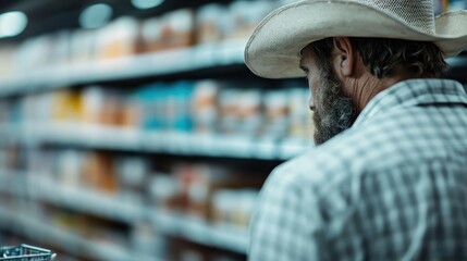 A contemplative man in a cowboy hat, browsing grocery store aisles, capturing a moment of everyday life that reflects consumer culture and the journey of shopping.
