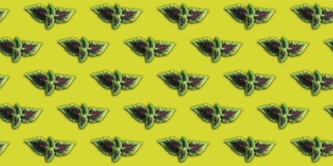 Seamless Pattern of Green-Purple Leaves on Lime Yellow Background
