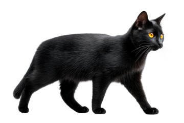 Black cat walking on a transparent background with bright eyes