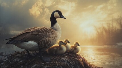 canadian goose protecting her babies
