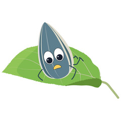 A sunflower seed flies onto an apple leaf and looks down in surprise. Cartoon vector illustration for children's book, worksheet, print.
