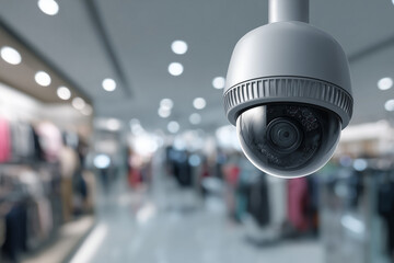 Obraz premium Sleek dome-shaped CCTV camera installed inside a retail store, with blurred background showing shopping aisles. Bottom copy space. Bright, clean commercial setting. 