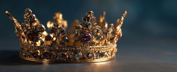 The beautiful golden crown adorned with colorful gems on a textured surface.