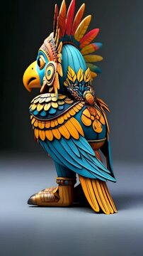 Colorful bird statue with intricate details and feather headdress, inspired by ancient cultures, vibrant yellow and blue hues, decorative craftsmanship