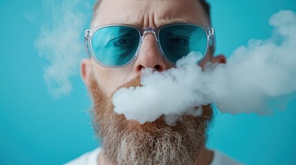 A stylish man wears sunglasses and exhales smoke, exuding a cool attitude against a vibrant blue background, emphasizing modern lifestyles and personality.