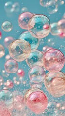 Colorful soap bubbles floating in the air against a blue background.