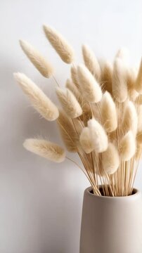 Dried bunny tail grass arrangement in a ceramic vase against a clean white wall providing a natural minimalist decorative accent indoors