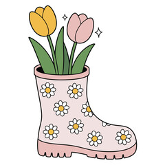 Pink Boot Planter with Tulips and Daisies – Whimsical Spring Illustration