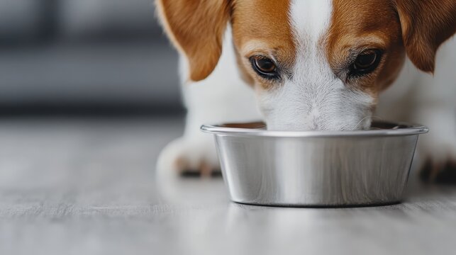 A close-up shot of a beagle dog joyfully eating from a metal food bowl, emphasizing companionship and the simple joys of pet ownership in a cozy indoor setting.