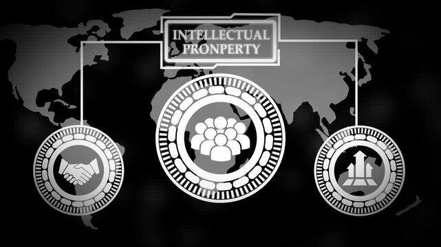Intellectual property and global collaboration concept animated on a black background - Powered by Adobe