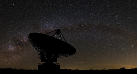 Dramatic Silhouette of Radio Telescope Dish Under a Starry Night Sky
