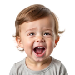Transparent image separated from background png. Happy Baby Portrait: Closeup of a Joyful Toddler Laughing with Open Mouth and Bright Eyes