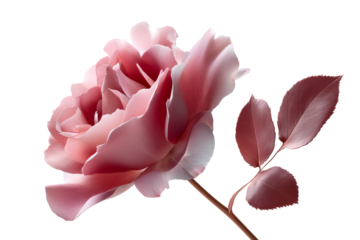 Blooming pink rose with delicate petals and green leaves