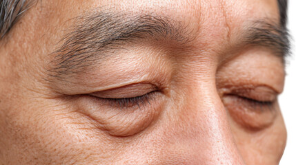Fototapeta premium Close up of an asian senior man's closed eyes, exhibiting ptosis or drooping eyelid, a common age related condition, isolated on transparent background