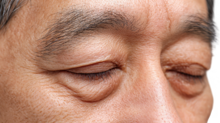 Close up of an asian senior man's closed eyes, exhibiting ptosis or drooping eyelid, a common age related condition, isolated on transparent background
