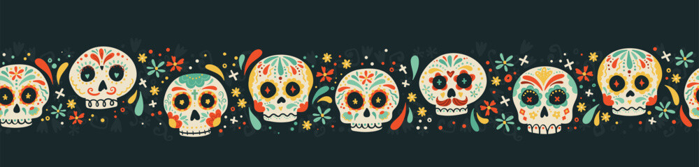 Day of the dead, Dia de los muertos background and seamless pattern, hand drawn with decoration and flowers, great for textiles, banners, wallpapers, wrapping - vector design