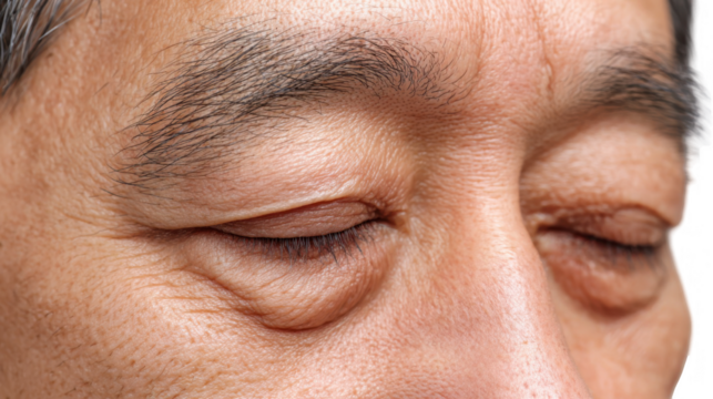 Close up of an asian senior man's closed eyes, exhibiting ptosis or drooping eyelid, a common age related condition, isolated on transparent background