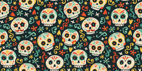 Day of the dead, Dia de los muertos background and seamless pattern, hand drawn with decoration and flowers, great for textiles, banners, wallpapers, wrapping - vector design