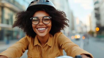 A joyful woman riding a bicycle through an urban landscape, embracing freedom and adventure, reflecting modern transportation's fun and carefree spirit in vibrant city life.