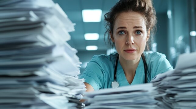 A healthcare worker looks overwhelmed by stacks of paperwork, showcasing the stress and challenges faced by professionals in a demanding medical environment today.
