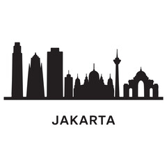 Fototapeta premium Vector Jakarta skyline. Travel Jakarta famous landmarks. Business and tourism concept for presentation, banner, web site. Vector black silhouette. with white background