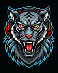 Obraz premium angry Black Tiger DJ realistic design and bold line black , white background ,full color
