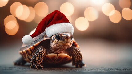 A cute turtle wearing a festive Santa hat, placed against a backdrop of shimmering holiday lights, creates a whimsical and joyful atmosphere fitting for the festive season.