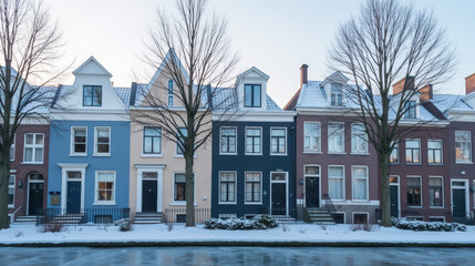 Charming row of colorful houses along snowy canal, showcasing unique architectural styles and winter scenery