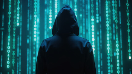 Mysterious figure in dark hoodie stands against backdrop of glowing binary code, evoking sense of intrigue and technology