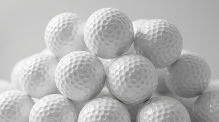 White golf balls arranged in pyramid shape, showcasing their textured surface and smooth finish, evoke sense of precision and sport