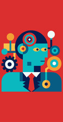 Obraz premium Abstract vector illustration of a human head with mechanical and geometric elements, modern flat design concept symbolizing artificial intelligence, machine thinking, and digital mind.