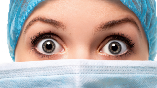 Close up of a nurse wearing a surgical mask and cap, her wide open eyes expressing shock, surprise, or fear, against a transparent background - Powered by Adobe