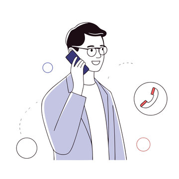 Smiling Caucasian man with glasses is talking cheerfully on his smartphone in simple art