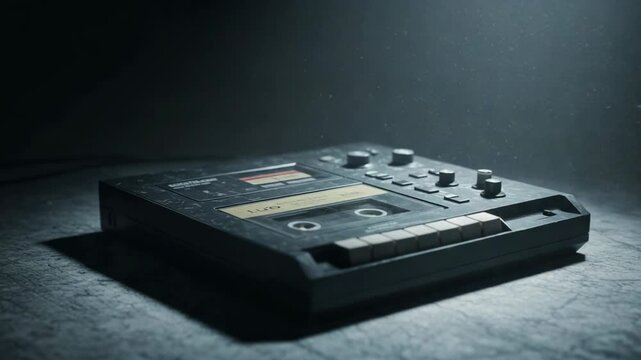 Vintage audio cassette player with buttons and knobs in low light  