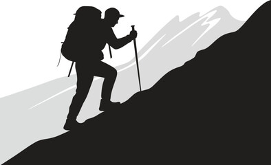 Silhouette of Mountain Climber. Adventure, risk, outdoors, hike, challenge. Vector illustration on white background