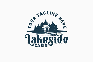 lakeside cabin logo with a combination of pine forest, a wooden cabin and lake view. It is good for property business, rental, travel, etc.

