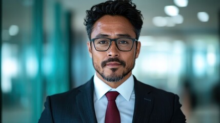 Portrait of a confident businessman in a sleek suit, showcasing professionalism and determination in a contemporary office, embodying the essence of success and leadership.