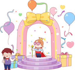 Main character, vector, children, birthday, children's day, attention, spotlight, stage, gift, event, celebration, welcome, balloon