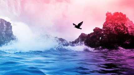 Centered composition, a bird on the sea, high saturation
