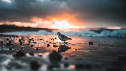 Centered composition, a bird on the sea, high saturation
