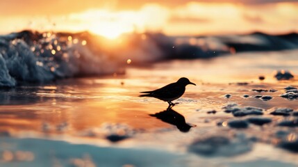 Centered composition, a bird on the sea, high saturation
