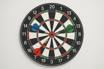 Dartboard Accuracy Three Red Darts Hitting Near Bullseye Target