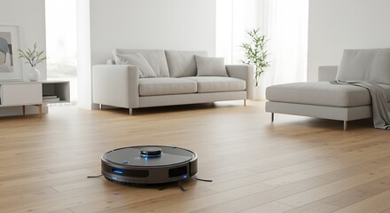 Robotic Vacuum Cleaner in Modern Living Room Interior