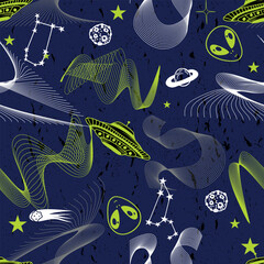 Hand drawn seamless space pattern with  space rockets, planets, stars. Space background