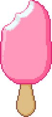 Pixel art illustration of a pink ice cream bar on a stick with a bite taken out. Retro style dessert design, vector.