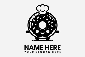 Fototapeta premium Cartoon donut character wearing a chef's hat and smiling, with space for a name and slogan below.